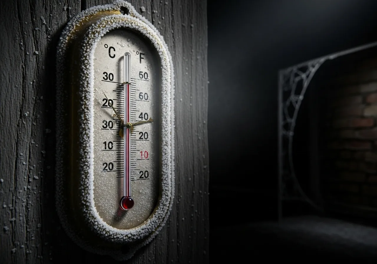 Thermometer with rapidly dropping temperature, condensation, dark background.