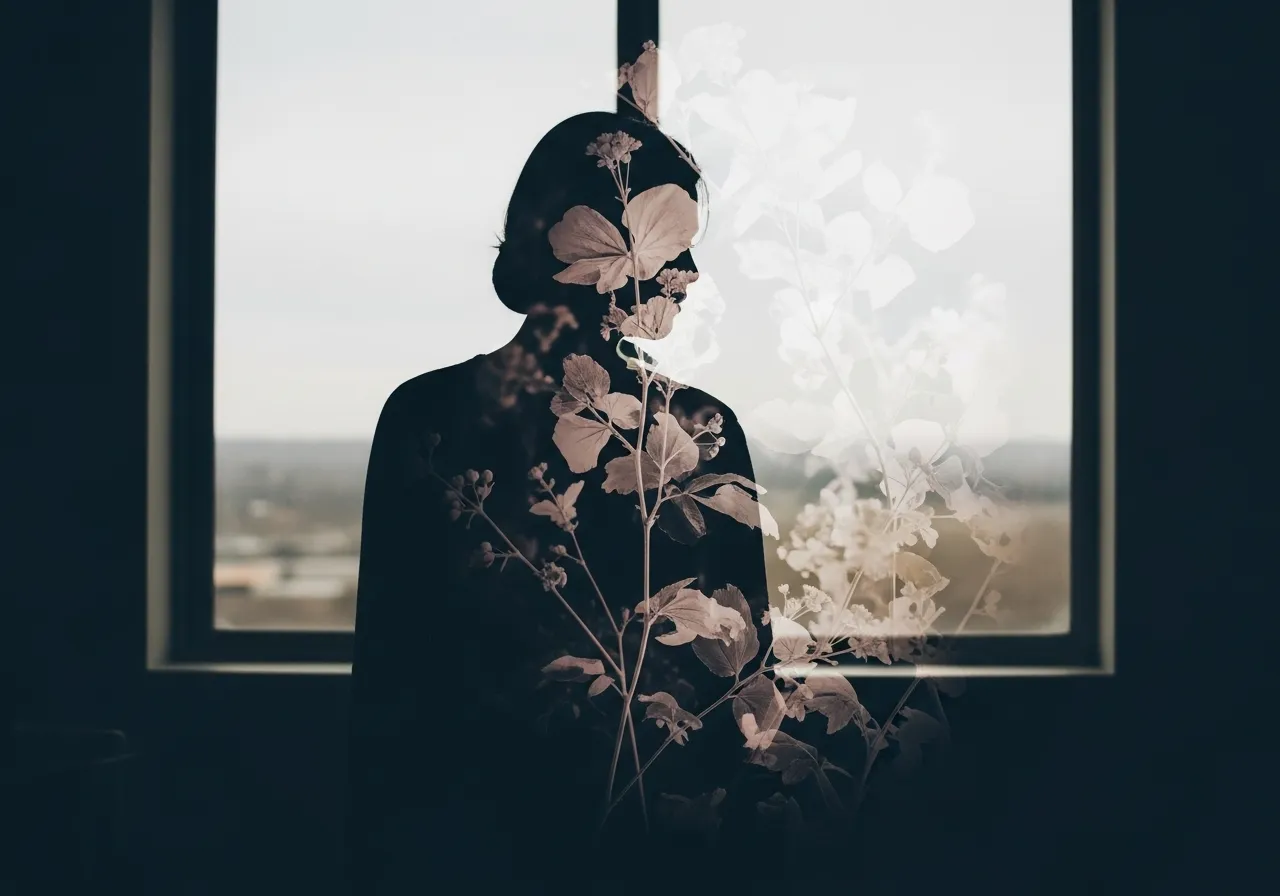 Silhouette near a window, transparent floral overlay, evoking a scent memory.