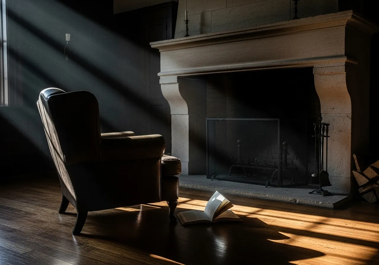 Empty chair, open book on floor, dust motes in sunbeam.