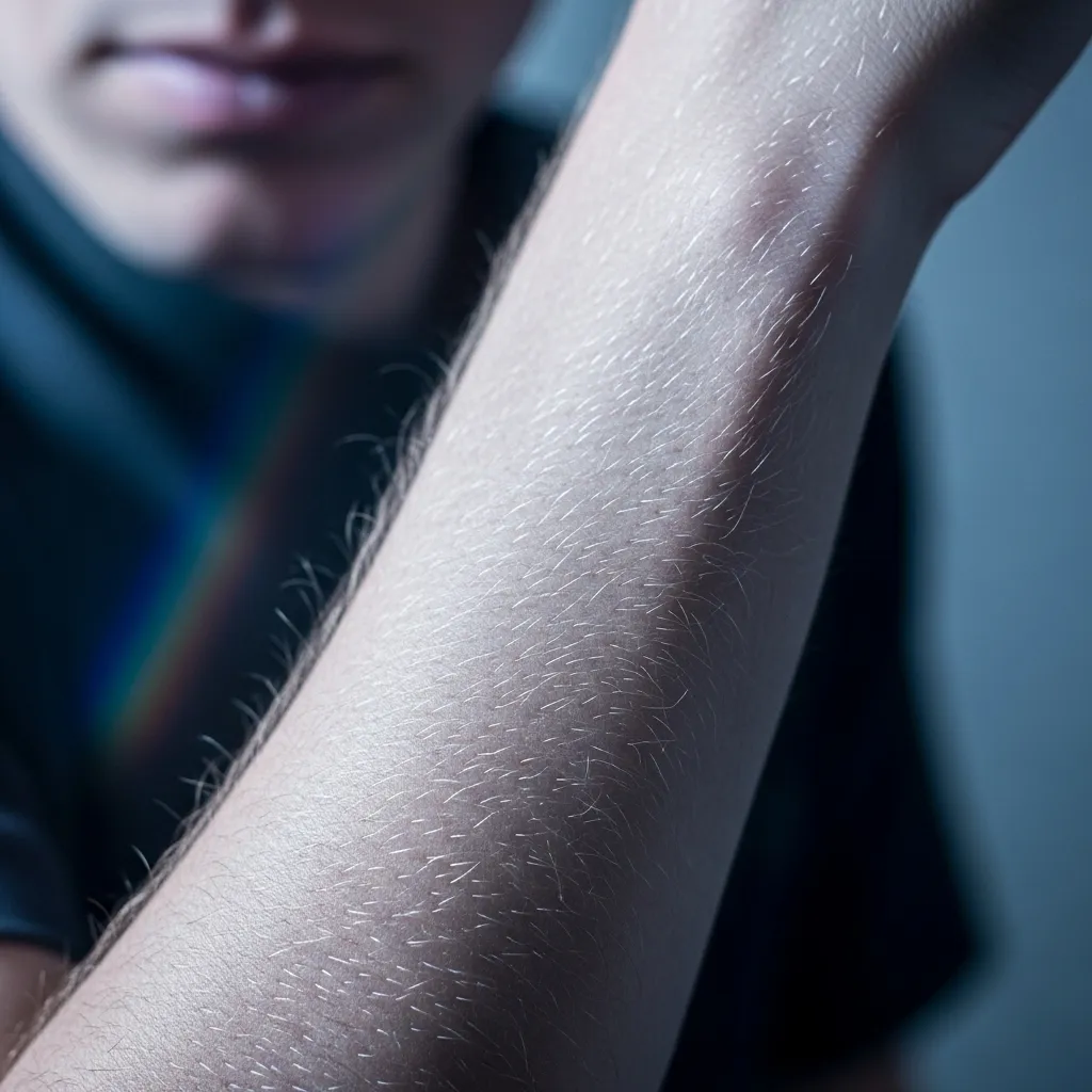Arm with goosebumps, subtle light anomaly, cold, suggestive of paranormal touch.