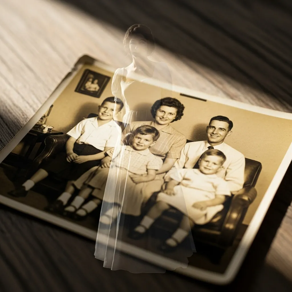 Double-exposed photo with ghostly figure.