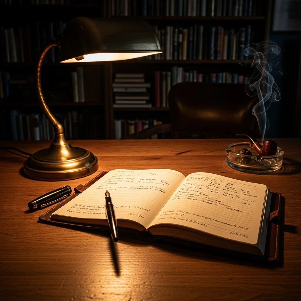 Notebook, handwritten notes, pen, shadow, lamplight.