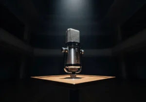 Empty podium with microphone, representing public speaking pressure.