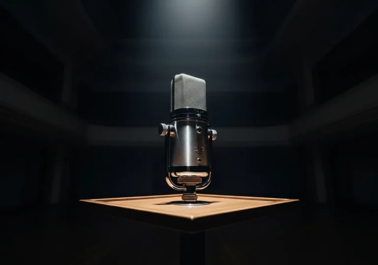 Empty podium with microphone, representing public speaking pressure.