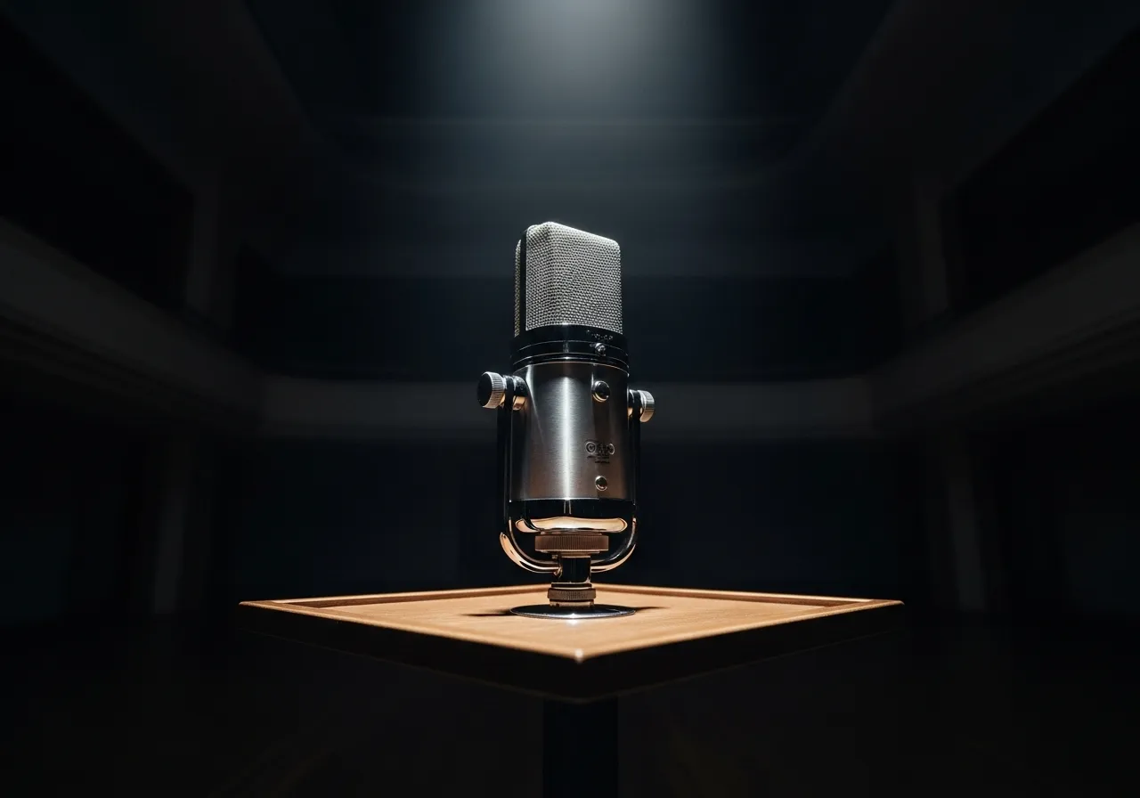 Empty podium with microphone, representing public speaking pressure.