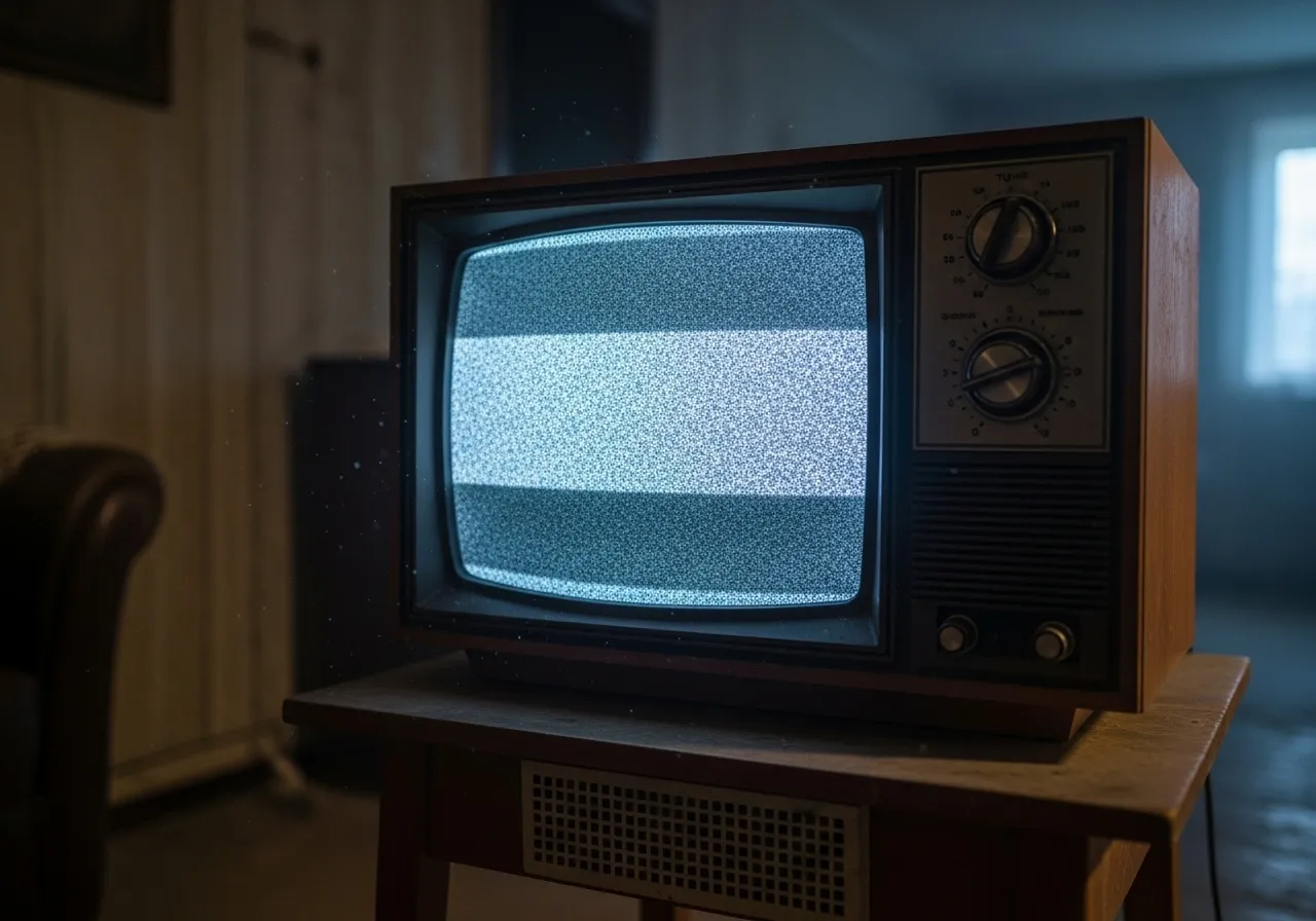 An old TV displays static and emits distorted audio in a dark room.