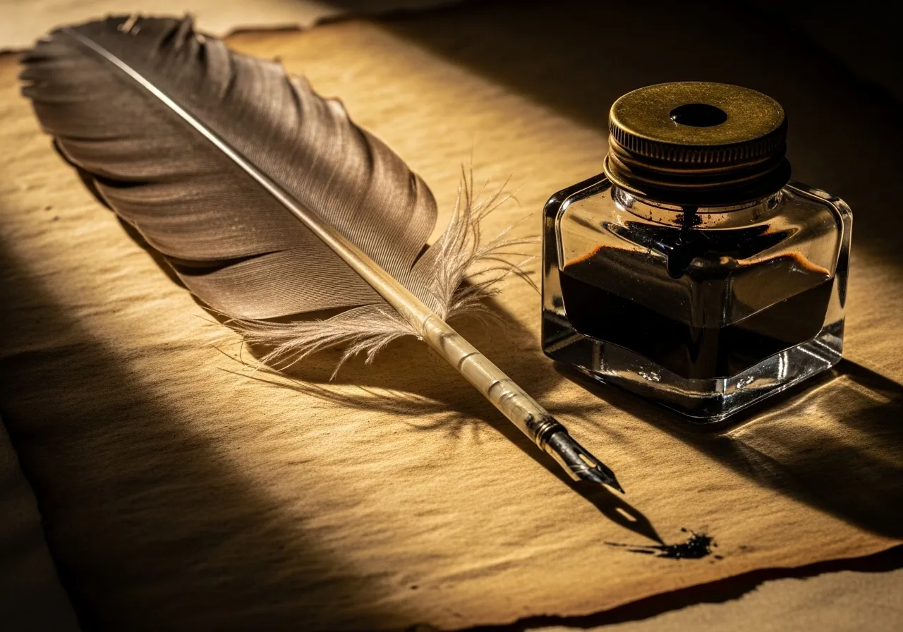 Quill and inkwell on parchment, symbolizing the slower, more deliberate pace of news in the past.