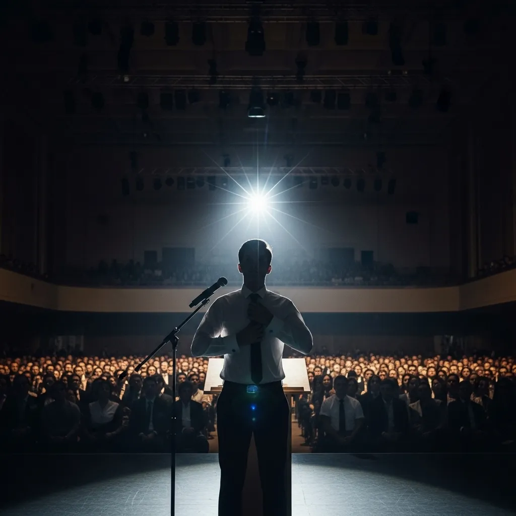 Silhouette of hand adjusting tie before a microphone, depicting the pressure of public image.