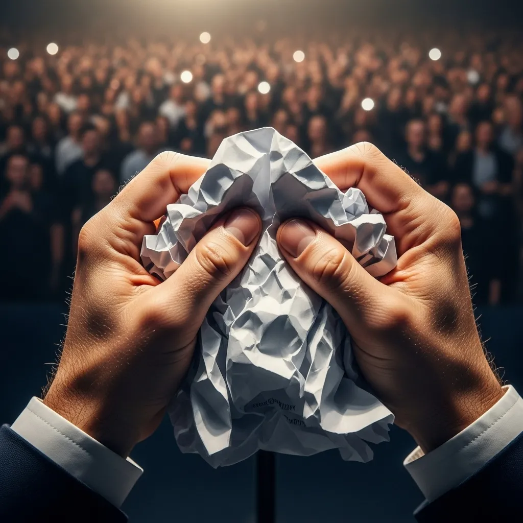 Hands clutching a crumpled speech, blurred crowd symbolizing public scrutiny.