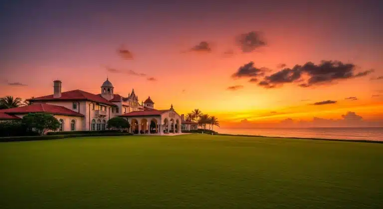 Mar-a-Lago at sunset, with ocean view.