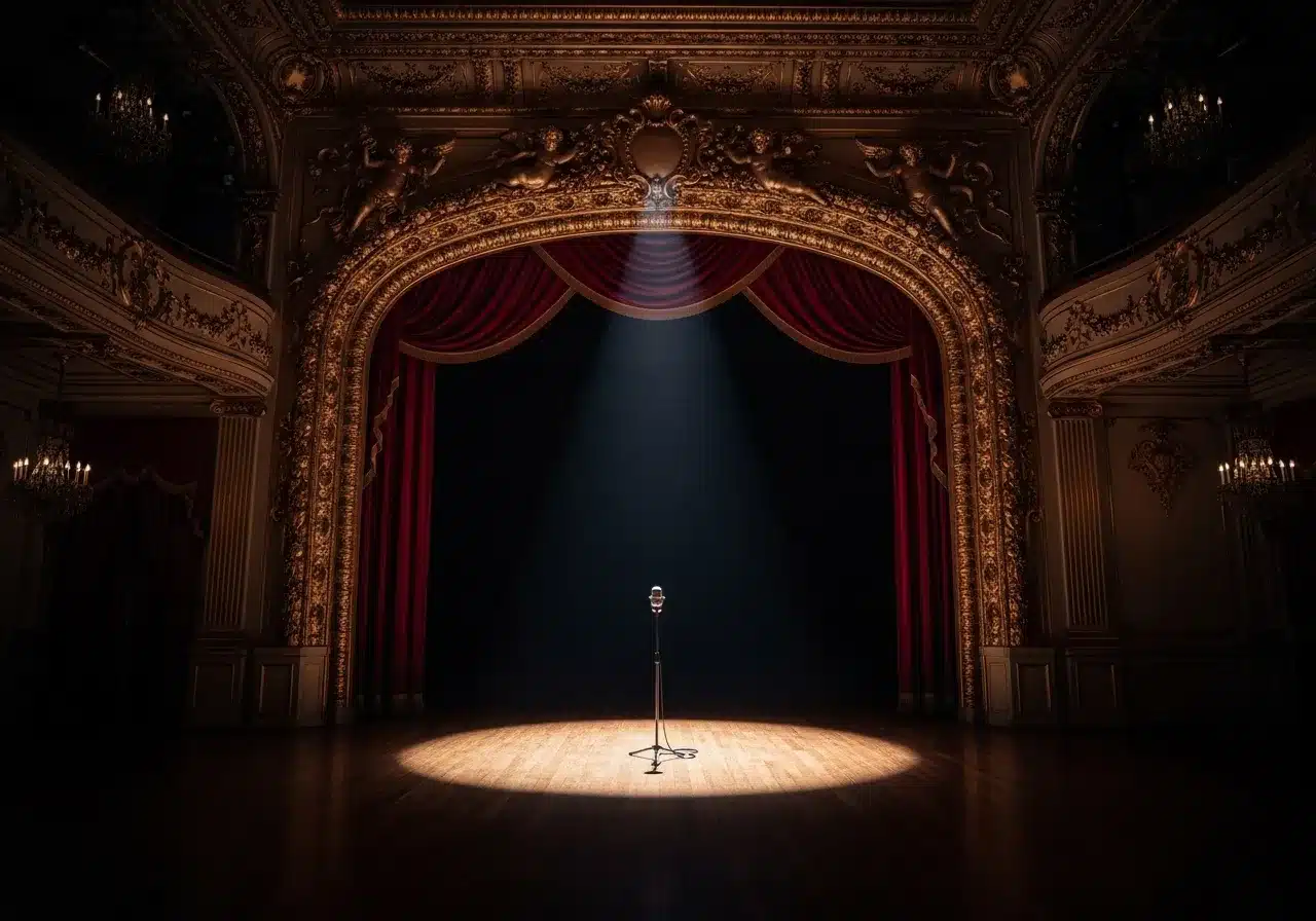 Empty ballroom, single spotlight, ornate decor, sense of anticipation.