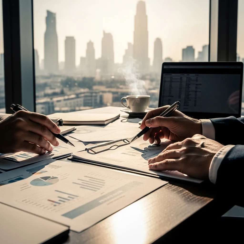 Hands reviewing financial documents on a desk with city view.