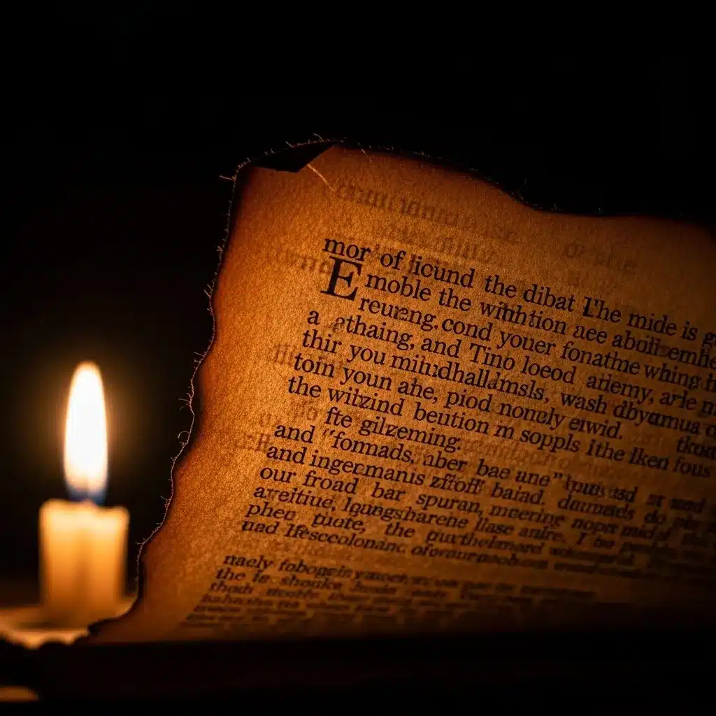 Close-up weathered document, candlelight.