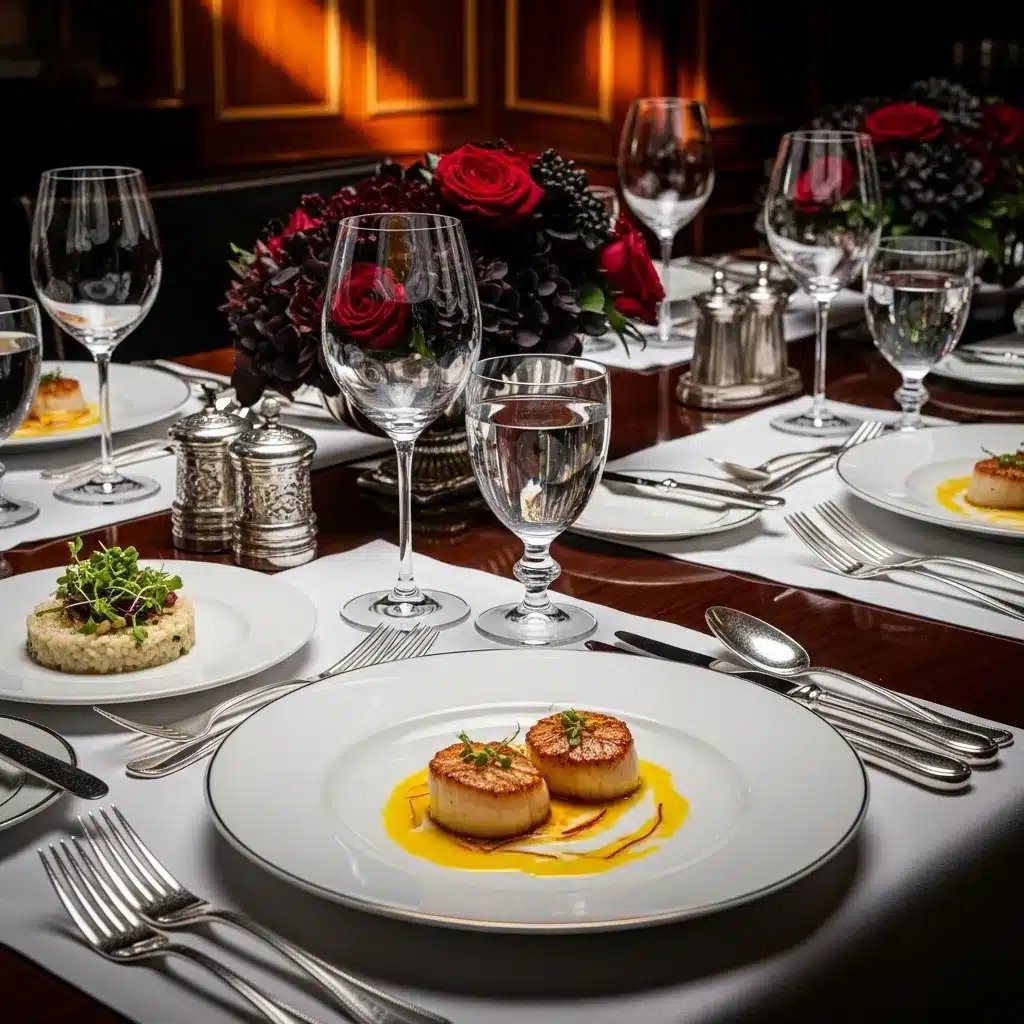 Close-up of a lavishly set table with gourmet food and expensive silverware.