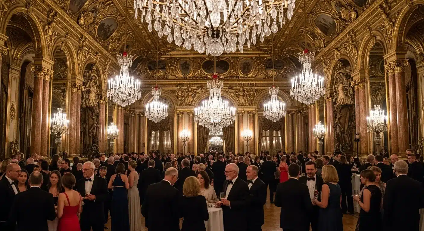 Ornate ballroom filled with people, no specific individuals highlighted.