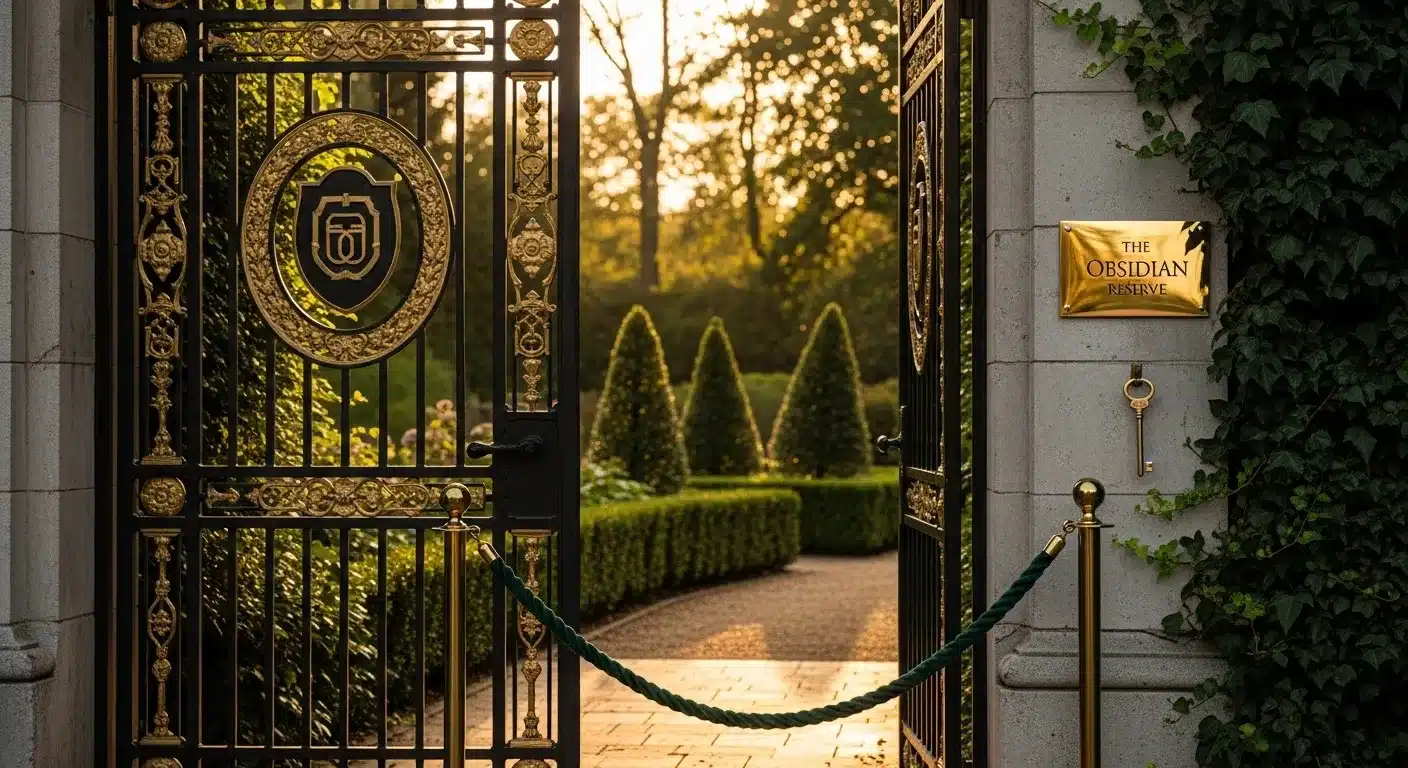 Private club entrance at golden hour, with ornate gates and lush landscaping.