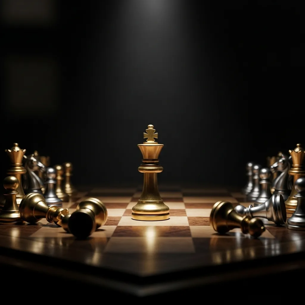 Chessboard with lone king, spotlight.