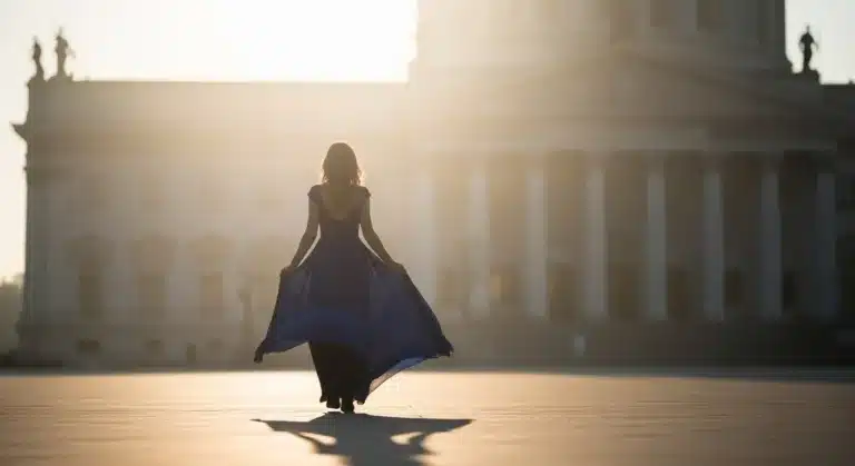 Woman walking away from imposing building, entering soft light.