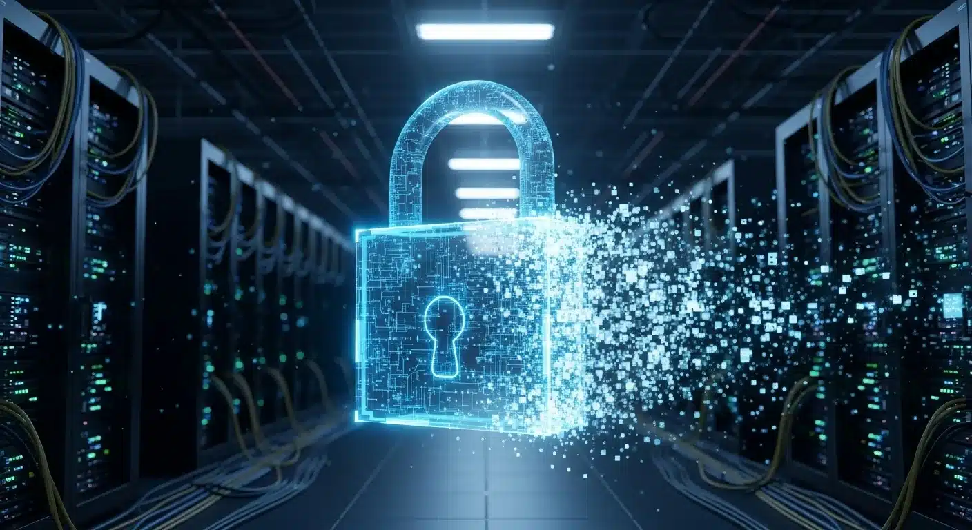 Digital lock dissolving, representing NFT security.