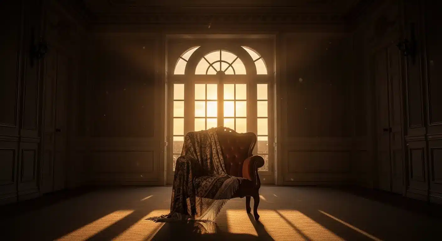 Empty room, chair, shawl, sunset light, dust motes.