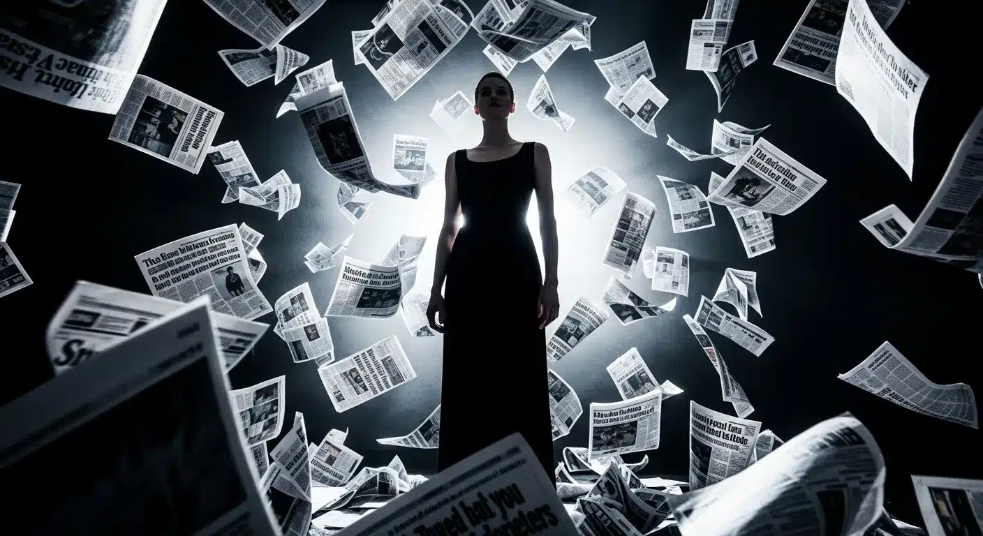 Woman silhouetted against a backdrop of swirling newspapers.
