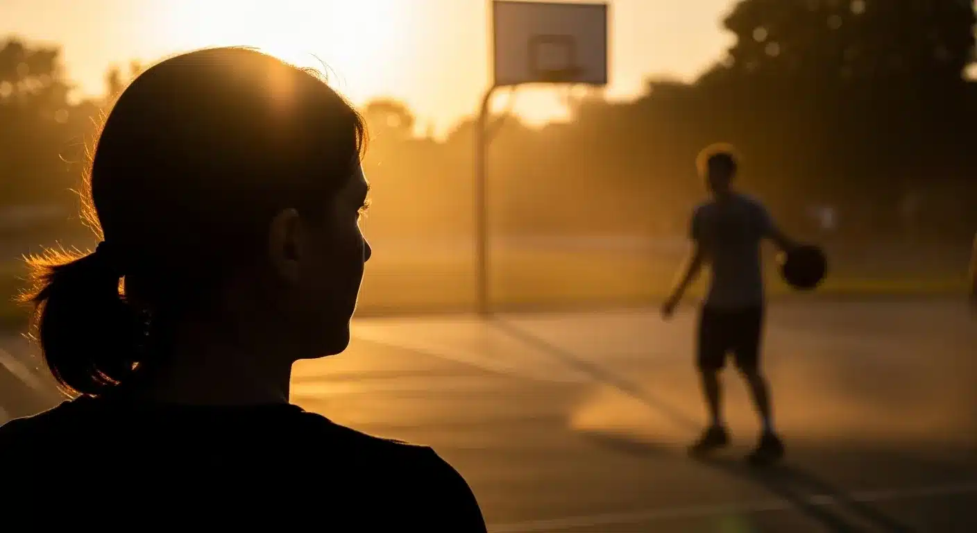 Silhouette of woman watching boy play basketball.