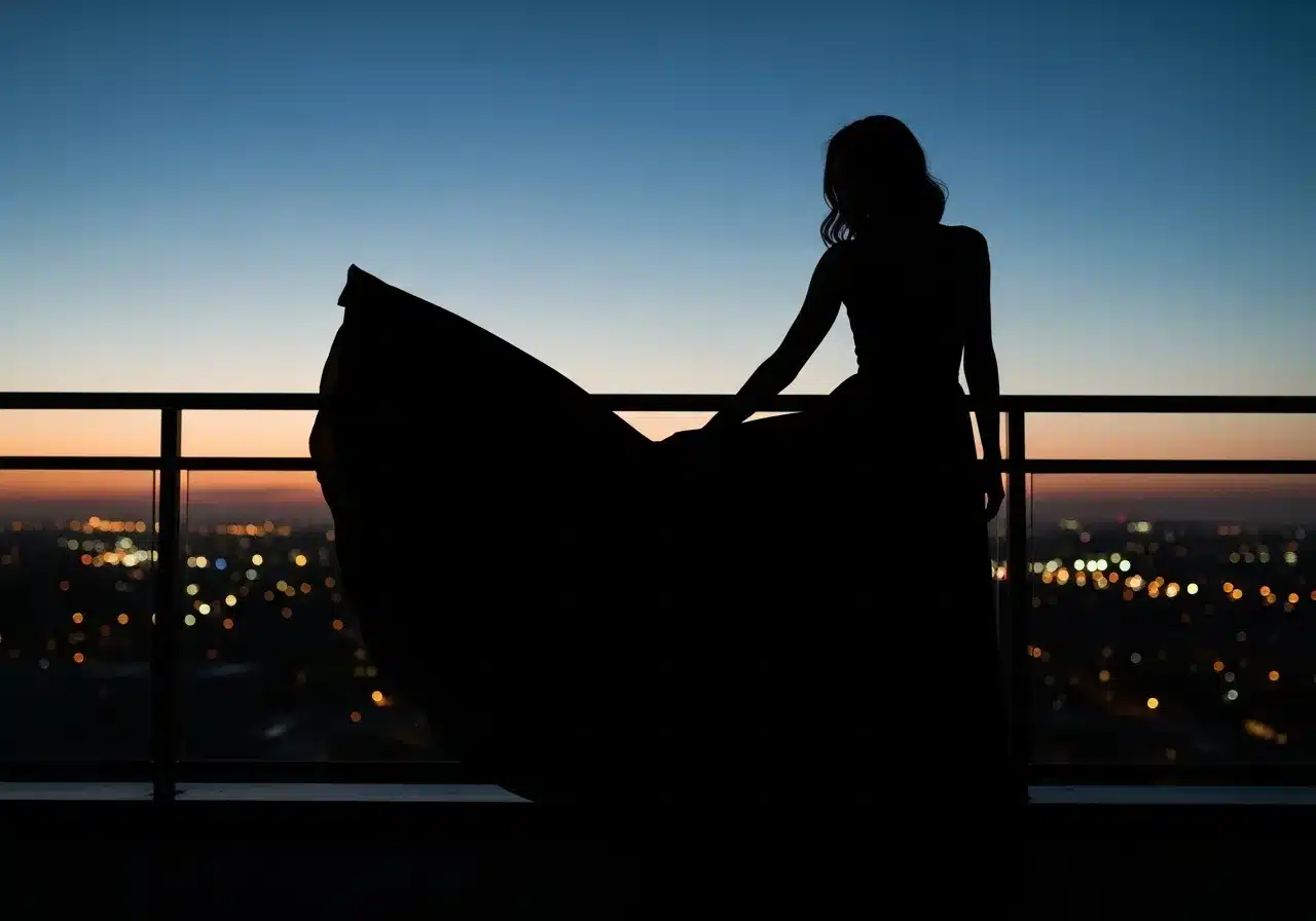 Woman overlooking city lights at twilight
