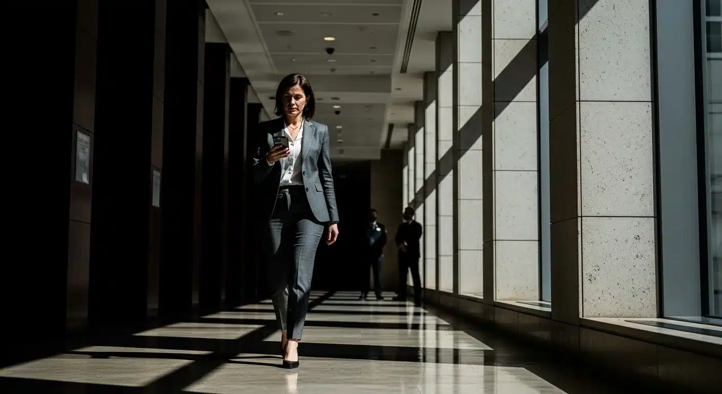 Woman in suit walking down hallway, light and shadow interplay.