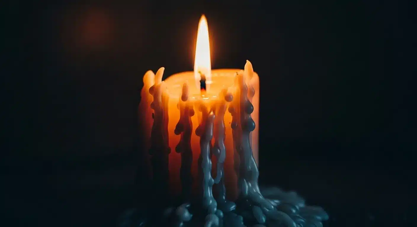 Melting candle, wax dripping, dim light. Represents consumption by stress.
