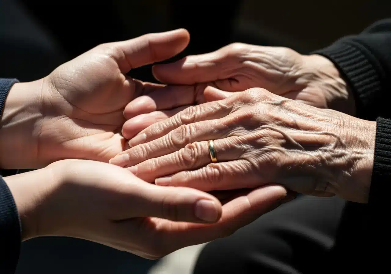 Two hands, young and old, juxtaposed to represent the effects of time and experience.
