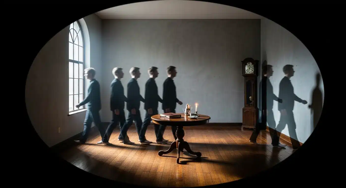 Shadowed figure pacing in an oval room, representing the burden of leadership.