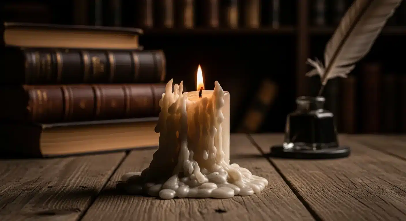 Close-up of a nearly extinguished candle, emphasizing the passage of time.