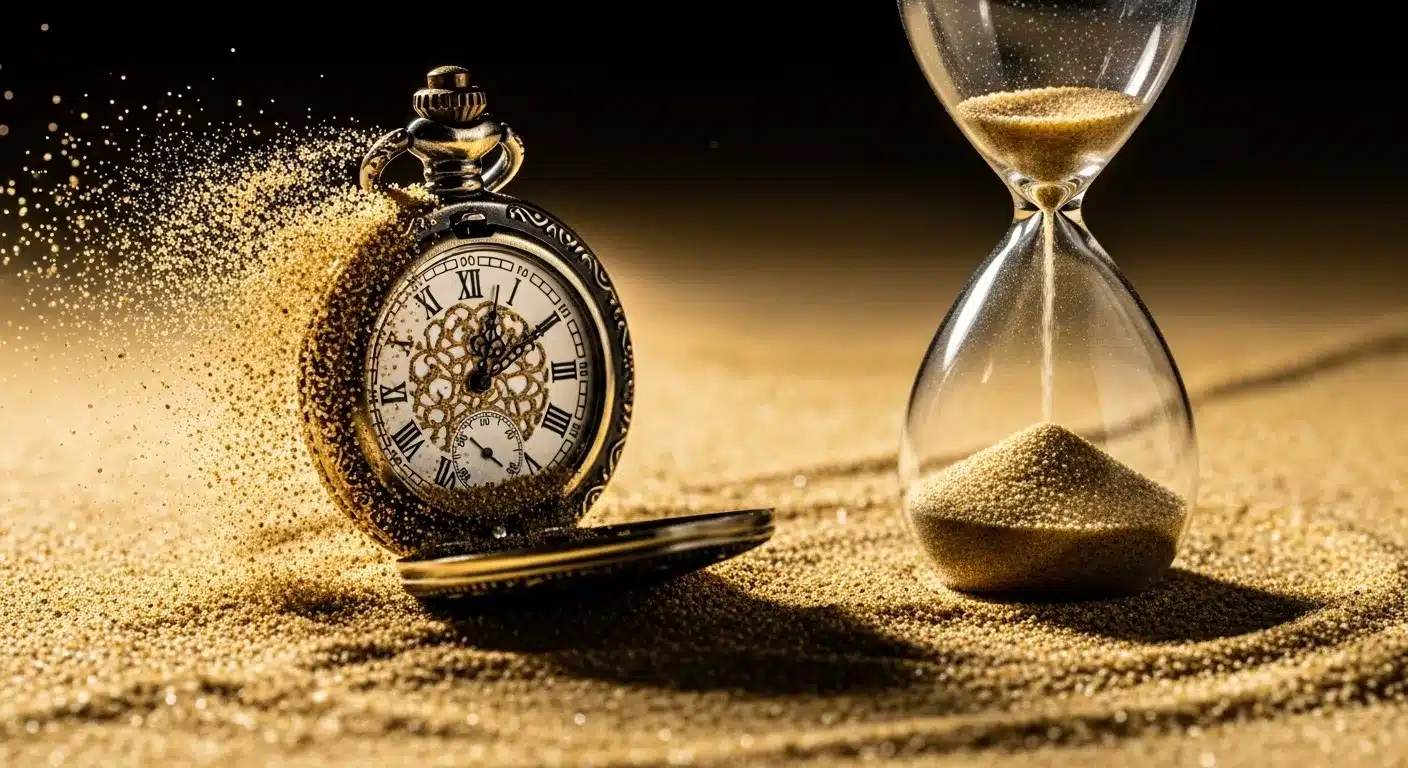 Pocket watch dissolving into sand, hourglass, symbolic of time and presidential aging.