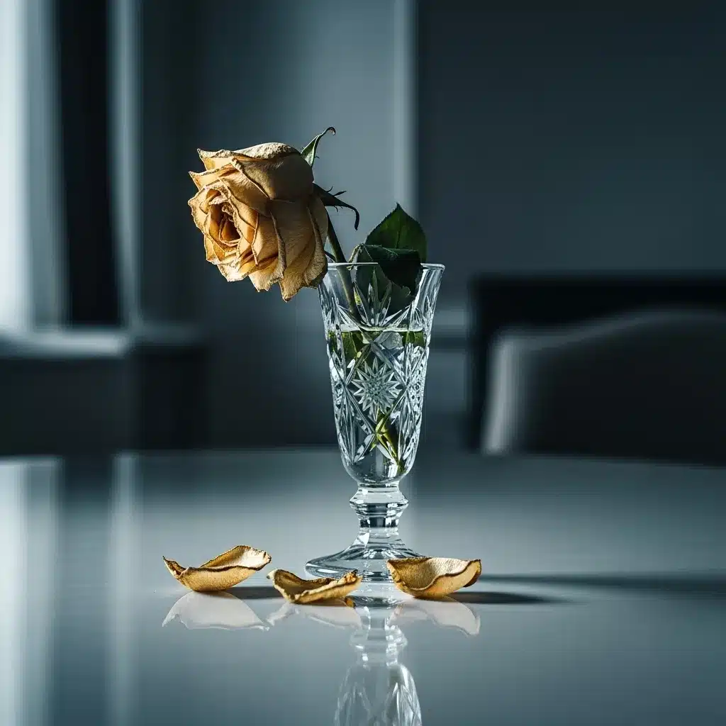 Wilting flower in a vase, representing the toll of an isolating environment.
