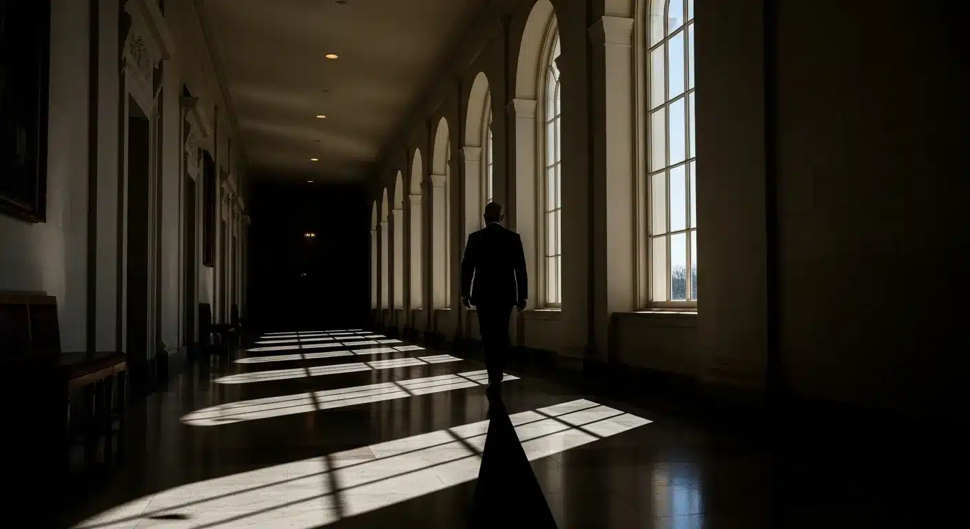 Lone figure's shadow in White House corridor, representing burden of office.