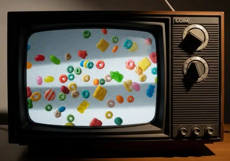 Vintage TV static with overlaid candy and cereal, symbolizing nostalgic childhood snacks.