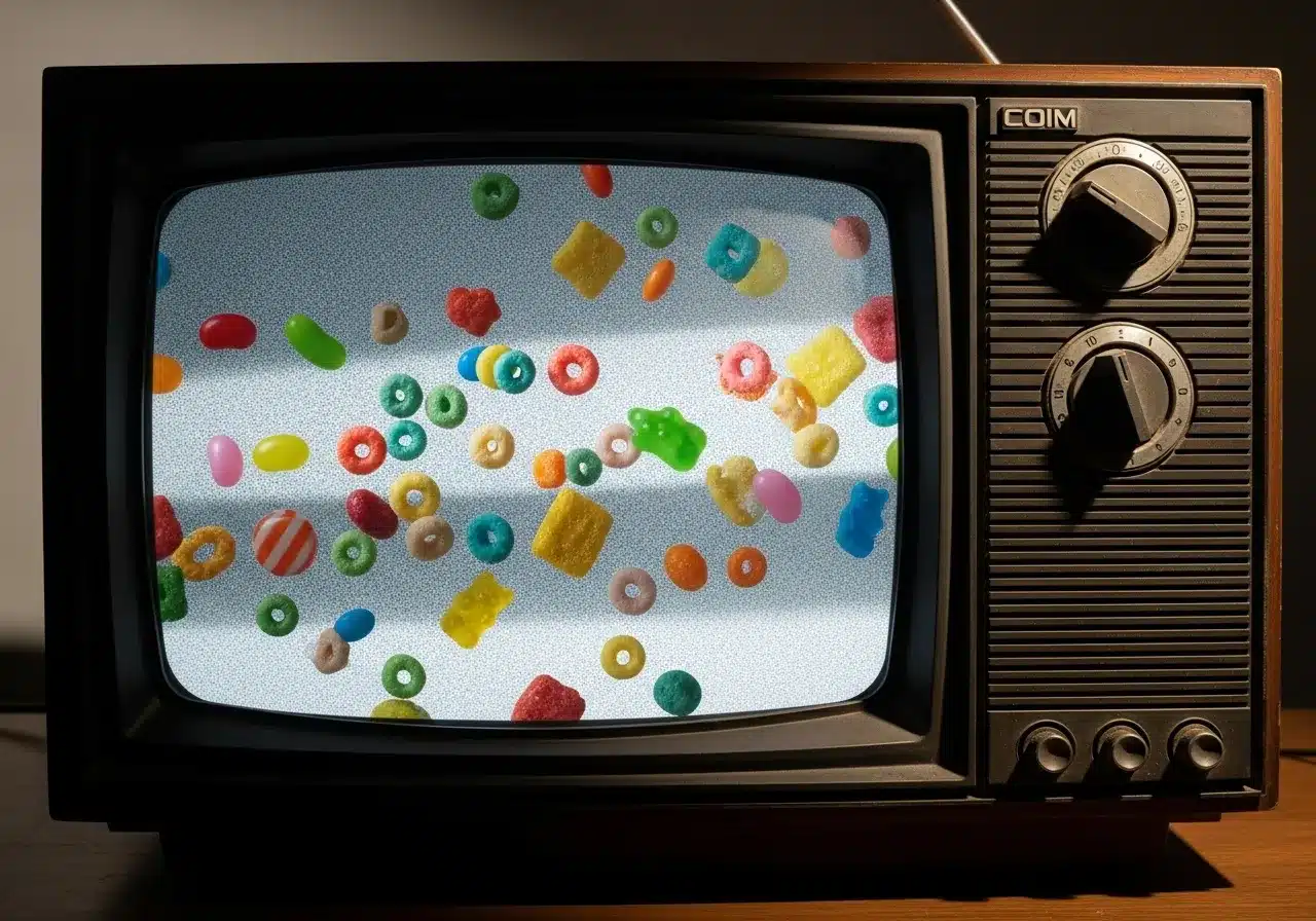 Vintage TV static with overlaid candy and cereal, symbolizing nostalgic childhood snacks.