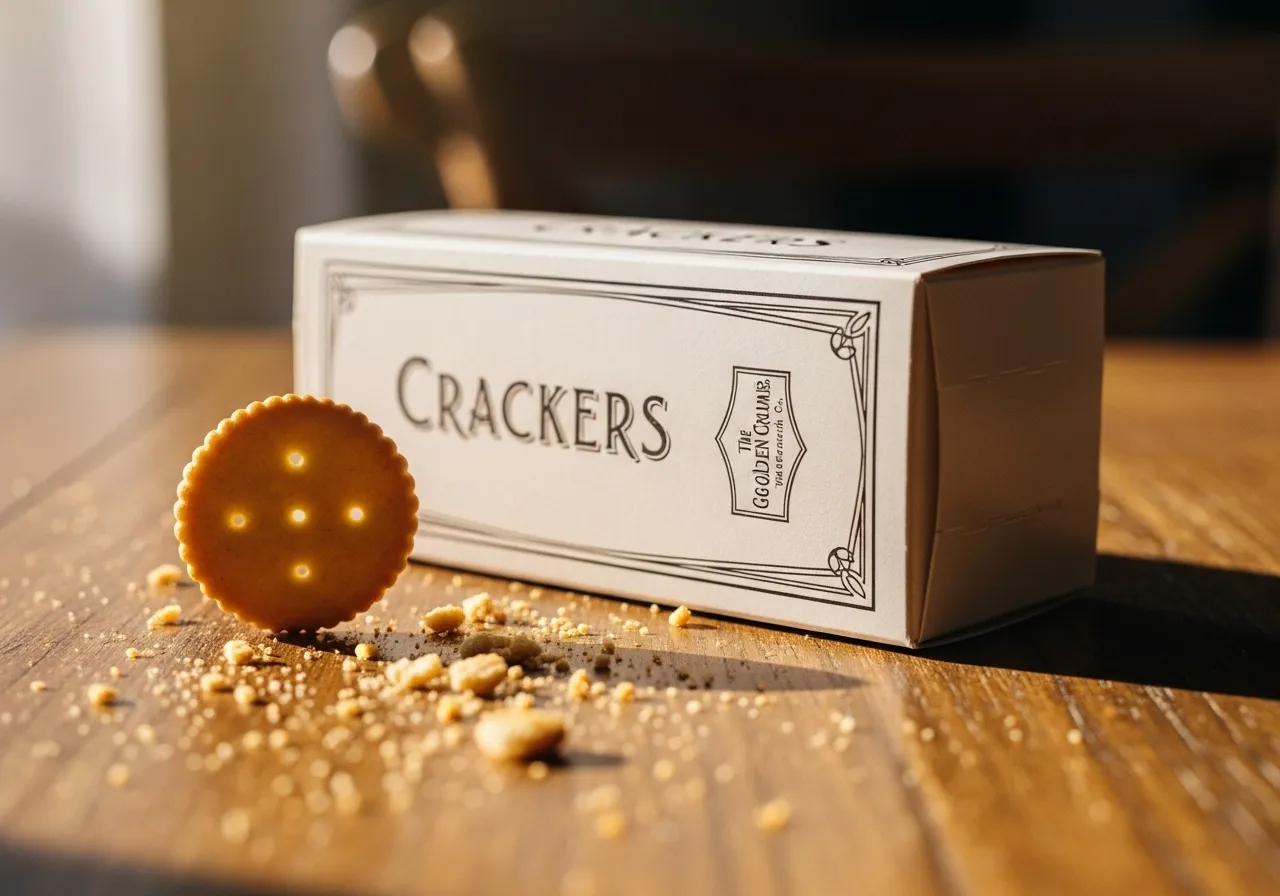 Empty cracker box and crumbs.