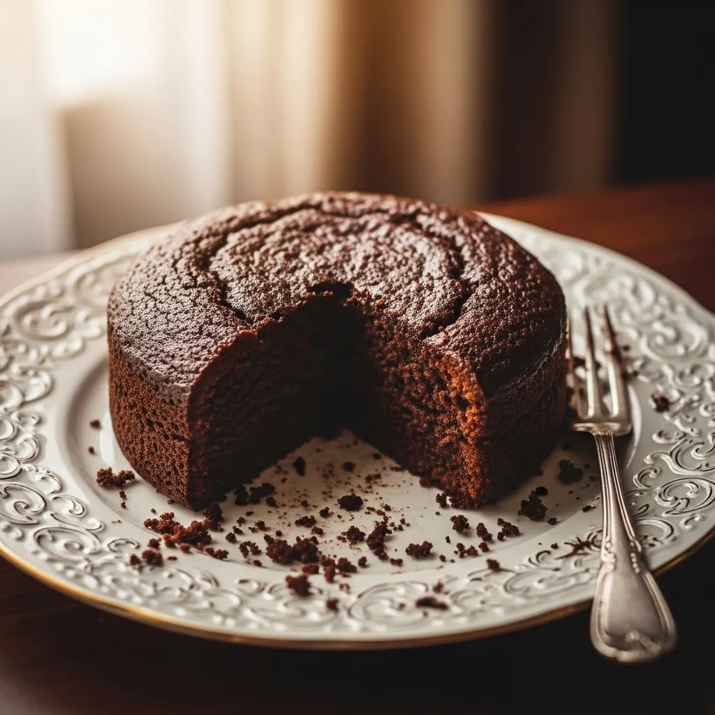 Decadent chocolate cake with crumbs, vintage setting.