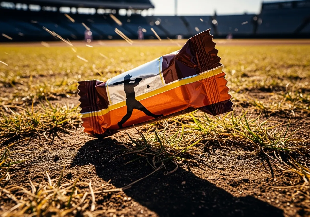 Empty candy wrapper blowing across baseball field.