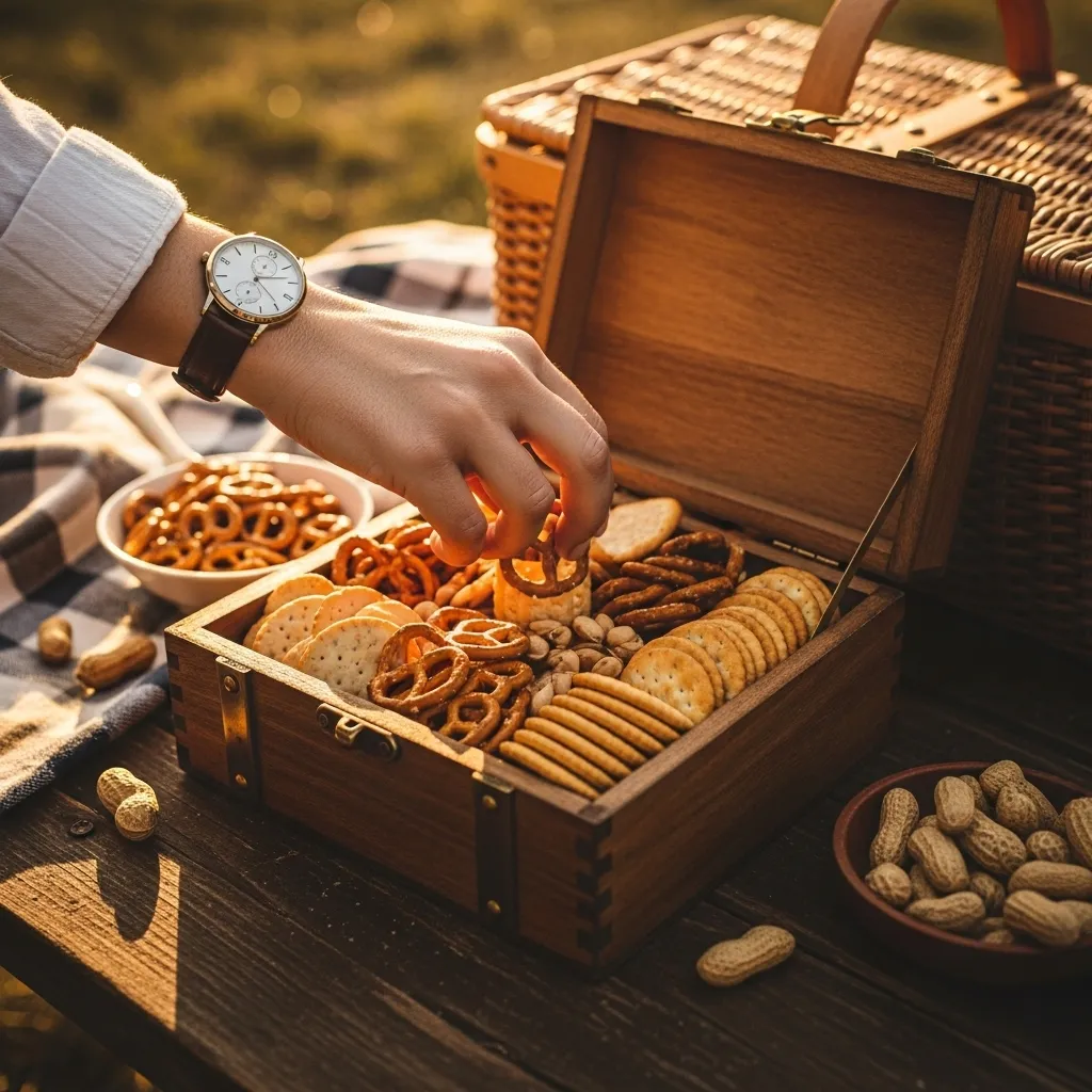 Hand reaching into a box of snack mix.