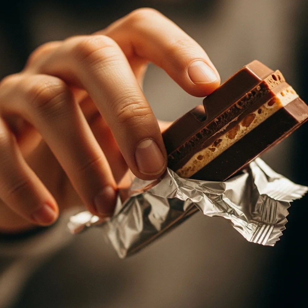 Hand reaching for chocolate bar.