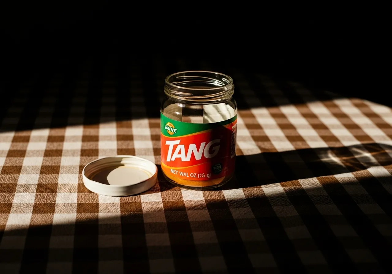 Empty Tang jar and lid on a checkered tablecloth, lit by a single light beam.