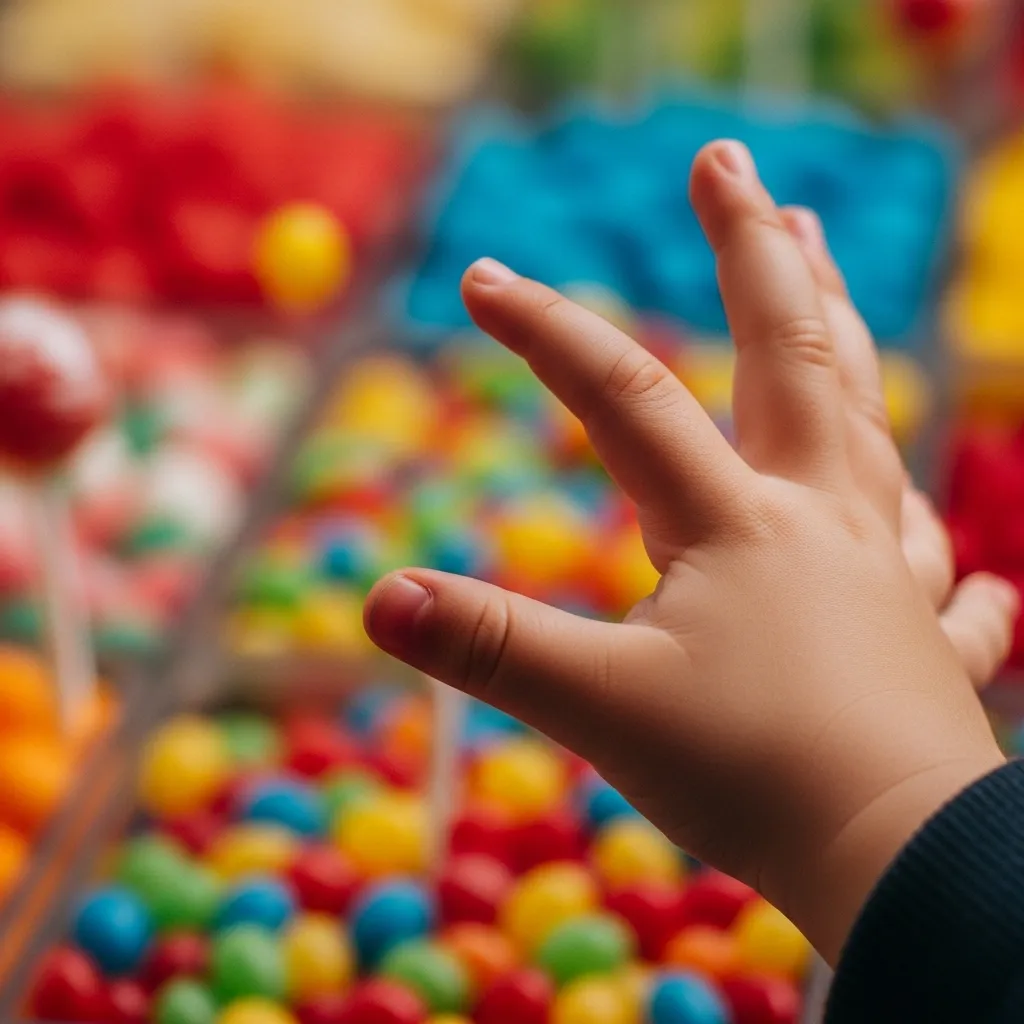 Hand reaching for blurry candy, evoking longing.