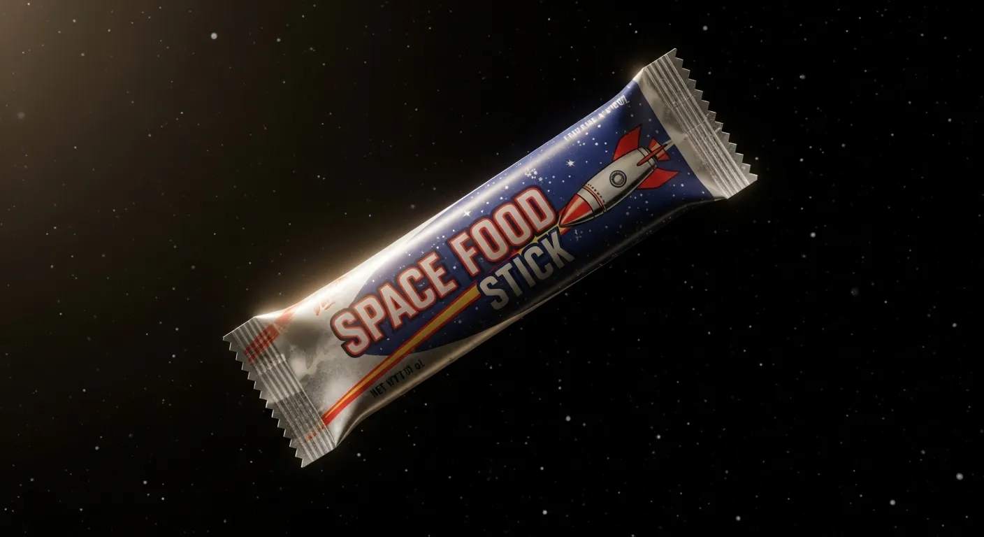 A Space Food Stick floats in zero gravity against a starry background.