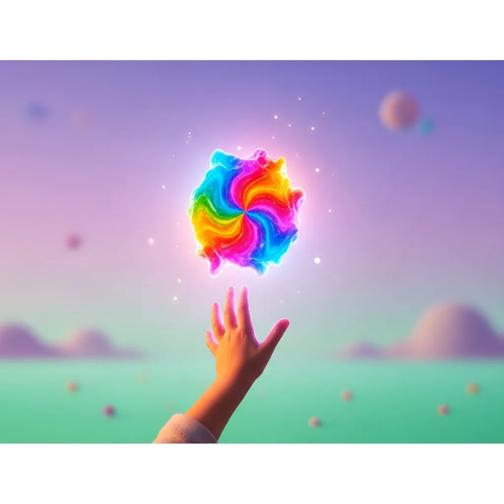 Child's hand reaching for abstract shape, pastel background.
