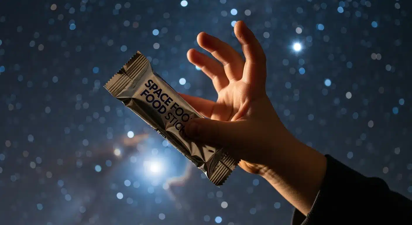 Hand reaching for Space Food Sticks against starry sky.