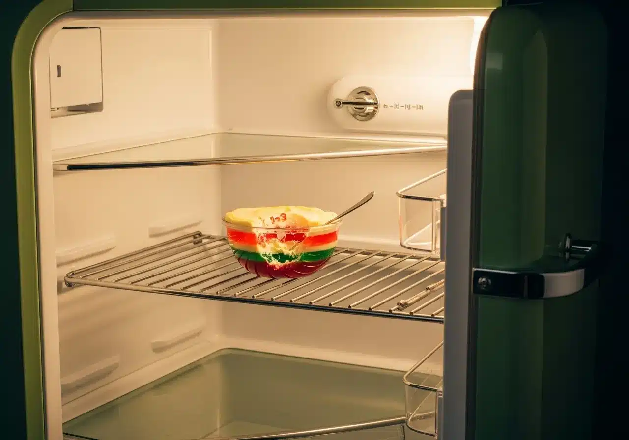 Open refrigerator with Jell-O inside.