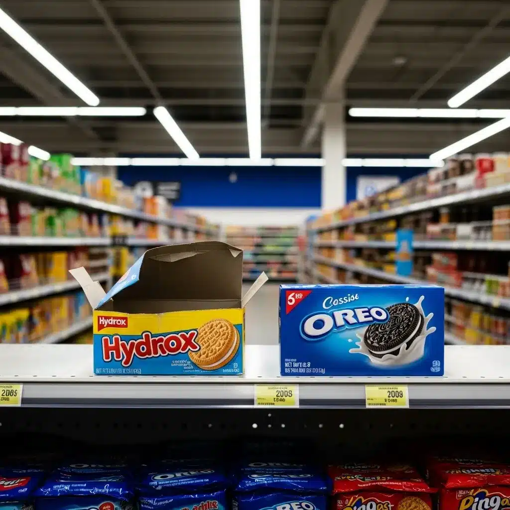Empty and full cookie boxes on shelf.