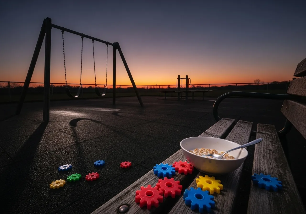 Empty playground at dusk with a half-eaten bowl of cereal.